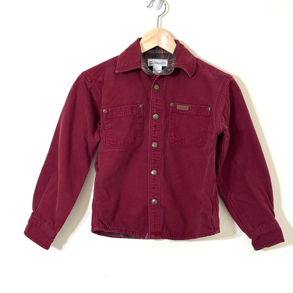Vtg Carhartt Canvas Jacket Plaid Flannel Lined Youth Small Heavy Maroon Outdoor